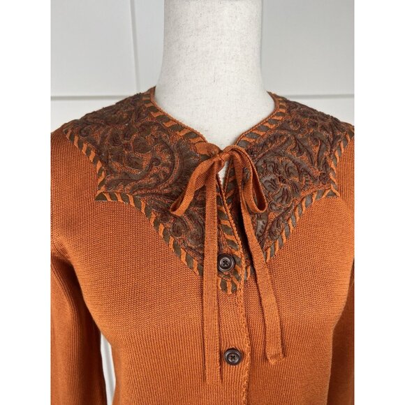 Michael Simon Women's Pumpkin Spice Knit Cardigan Leather Appliqués Size Small - Picture 2 of 8